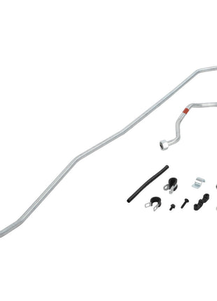 An assortment of automotive parts, including metal pipes, brackets, connectors, and a short length of black tubing from the AGCO Hydraulic Kit - Acp0650360, arranged on a white background.