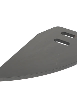 Product: AGCO | Scraper Blade - Acp0017020
Description: This flat, dark gray metal blade features a pointed tip and includes two rectangular slots near the broader end.