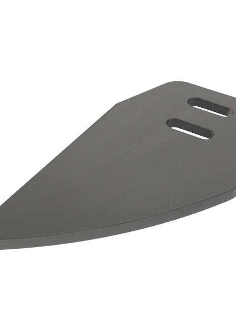 Product: AGCO | Scraper Blade - Acp0017020
Description: This flat, dark gray metal blade features a pointed tip and includes two rectangular slots near the broader end.