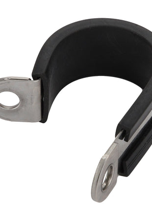 Image of a metal and rubber P-clamp with two mounting holes, branded as AGCO | Clamp - Acw1135600, typically used for securing cables, hoses, or wires. No current product description information is available.