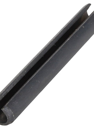 The AGCO Roll Pin - La14607570 is a black cylindrical spring pin with a longitudinal slit running along its entire length.