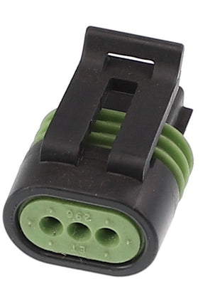 The AGCO | CONNECTOR - AG520853 by AGCO is a sleek black and green three-pin automotive electrical connector featuring a secure clip on top.