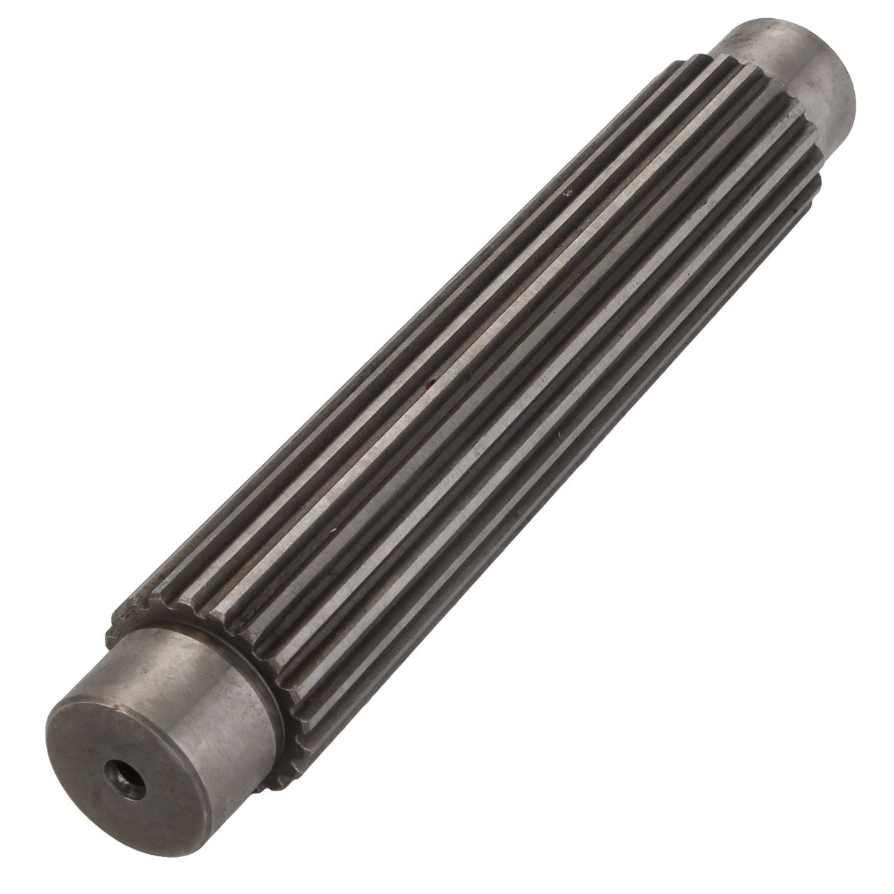 No current product description available for the AGCO Shaft - Acp0137080, a cylindrical metal gear shaft featuring evenly spaced teeth along its length and smooth ends.