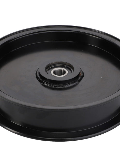 Introducing the AGCO TENSIONER PULLEY - ACY1560370, a sleek black metal pulley featuring a central bearing and a smooth outer rim, brought to you by AGCO.