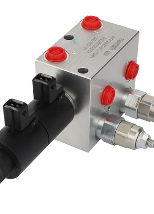The AGCO Control Valve - Acw7459040 by AGCO is a hydraulic valve assembly featuring two solenoid connectors, three adjustment knobs, and two connected fittings. No current product description information is available.