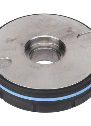 The AGCO | Cylinder Piston - Sn16847 is a sleek metallic circular machine part featuring a central hole, complemented by a durable rubber side seal.