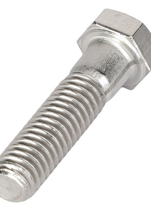 A close-up image of the AGCO | HEXAGONAL HEAD BOLT - AG562159 in silver, featuring its finely threaded shaft and showcasing its precision craftsmanship.