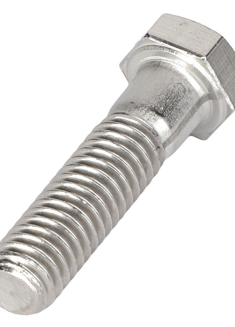 A close-up image of the AGCO | HEXAGONAL HEAD BOLT - AG562159 in silver, featuring its finely threaded shaft and showcasing its precision craftsmanship.