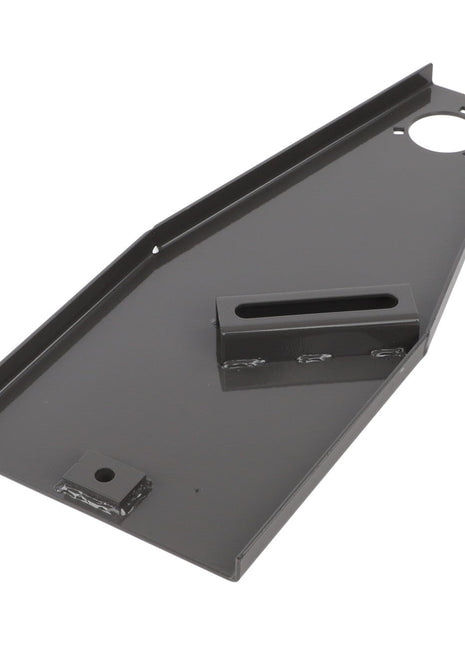 The AGCO BRACKET - D28585124 is a gray metal bracket with a rectangular slot and multiple welded sections. It features an angular shape and includes a round hole at one end. Further product description information is currently unavailable beyond this summary.