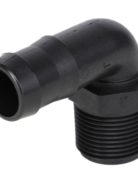 The AGCO Elbow Fitting - Ag051145 is a black plastic elbow pipe fitting featuring a male thread on one end and a smooth connector on the other. There is no current product description available for this item.