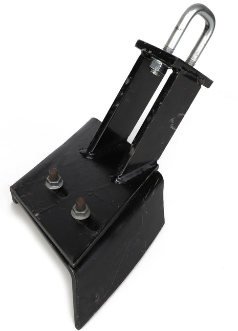 Product Description: The AGCO Scraper, Right Hand - Acp0016810 features a black metal bracket equipped with two bolts and a U-shaped clamp on top.