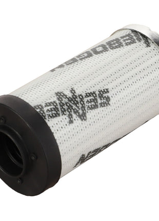 An AGCO cylindrical hydraulic filter with a black end cap and a white pleated filter element featuring black lettering, ideal for AGCO machinery.