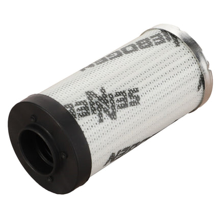 An AGCO cylindrical hydraulic filter with a black end cap and a white pleated filter element featuring black lettering, ideal for AGCO machinery.