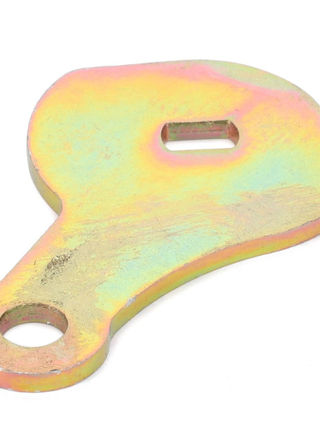 Close-up of the AGCO Lever for EGR (F731200100170), a metallic object with an irregular shape, featuring a large hole at one end and a rectangular slot near the middle. The reflective, multicolored surface captures attention, though no current product description information is available.