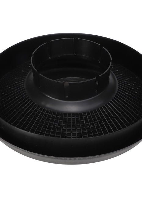 The AGCO | CAP - AG512672, a black circular plastic part from AGCO, features a central raised cylindrical section atop a grid-like base, designed for optimal functionality.