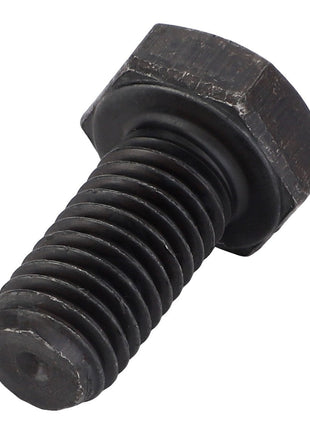 A black AGCO Hex Cap Screw - Va020917 lying on a white surface, showcasing its threaded shaft and hexagonal head.