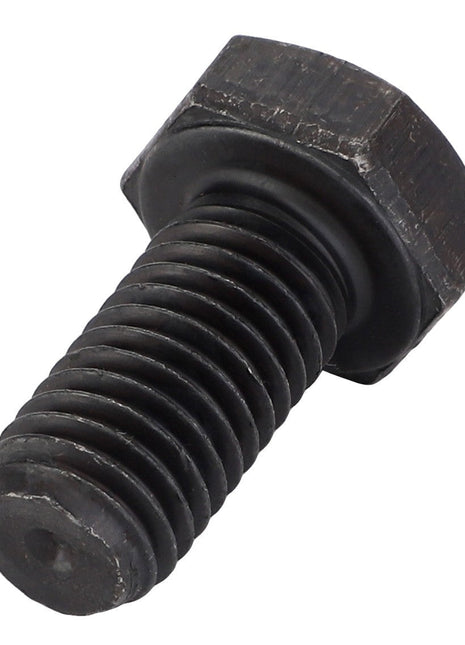 A black AGCO Hex Cap Screw - Va020917 lying on a white surface, showcasing its threaded shaft and hexagonal head.