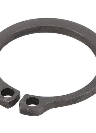 The AGCO | Circlip - Acp0497900, a black snap ring with two eyelets, is used for securing assemblies on a shaft or in a bore. No current product description available.