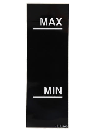 A black AGCO DECAL - D49121500 panel with 'MAX' labeled at the top and 'MIN' labeled at the bottom, indicating maximum and minimum levels. It features white text on a black background, with no further information available.