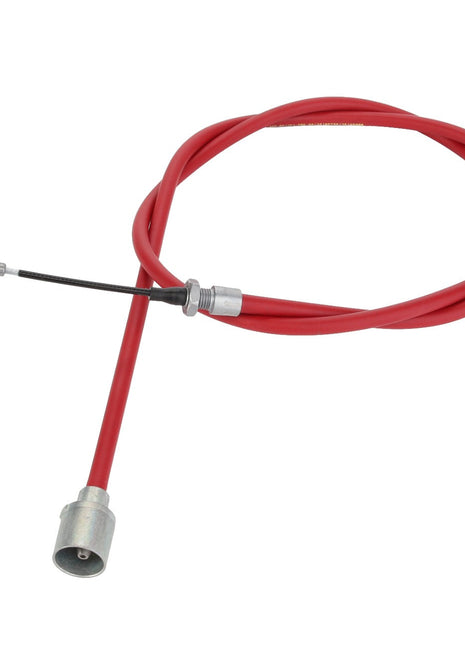 The AGCO | CABLE - D46745608 is a durable choke cable in red, featuring metal fittings on both ends, perfect for vehicle or machinery applications.