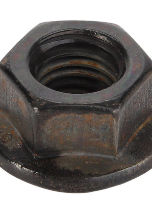 A worn AGCO hex flange nut, model Acx3047670, featuring internal threading and notable signs of wear.