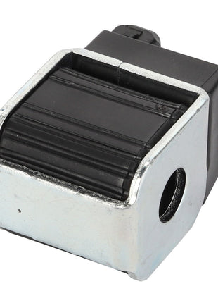 A close-up of the AGCO | SOLENOID - ACP0533730 showcases a small, rectangular mechanical part with a sleek black plastic and metal exterior, featuring a cylindrical hole on one side.