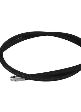 The AGCO Hydr. Hose - Acw3679000, a black hydraulic hose with metal fittings on both ends and coiled in a circular shape against a white background, delivers efficiency with no signs of leakage.