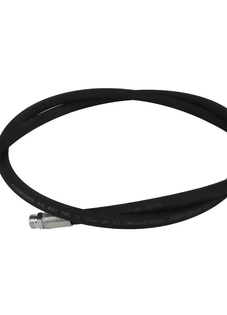 The AGCO Hydr. Hose - Acw3679000, a black hydraulic hose with metal fittings on both ends and coiled in a circular shape against a white background, delivers efficiency with no signs of leakage.