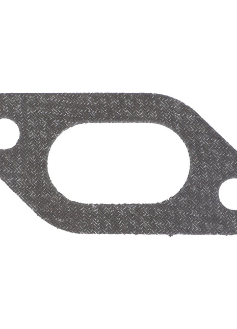 The AGCO Exhaust Manifold Gasket - V836122886 is a flat, rectangular gasket featuring a central oval opening and two circular holes on either end.