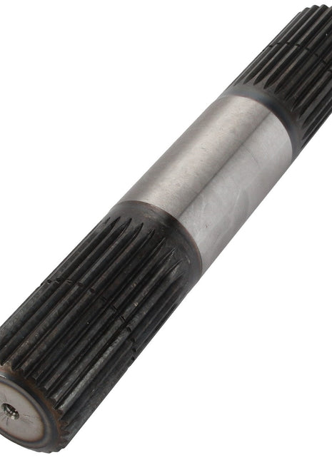 The AGCO Shaft - Acw1038010 is a cylindrical metal shaft designed with gear-like ridges on both ends and a smooth central section, although there is no current product description information available.