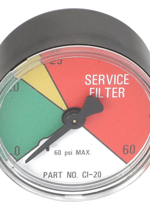 The AGCO Pressure Gauge (Part No. AG711141) is a round service filter pressure gauge with a needle that points to the red section labeled "SERVICE FILTER." The gauge, which features green, yellow, and red sections, reads up to 60 psi. Please note: No additional product description information is available beyond what's provided here.