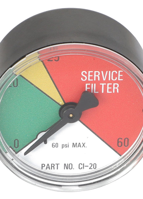 The AGCO Pressure Gauge (Part No. AG711141) is a round service filter pressure gauge with a needle that points to the red section labeled "SERVICE FILTER." The gauge, which features green, yellow, and red sections, reads up to 60 psi. Please note: No additional product description information is available beyond what's provided here.