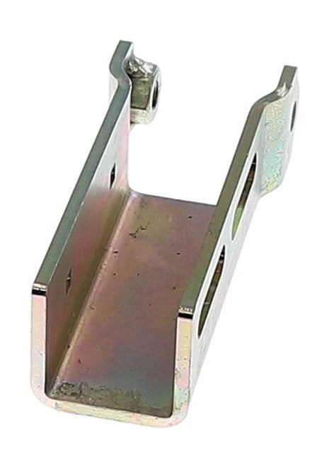 The AGCO Actuator Bracket - Acw0638970 is a metal U-shaped bracket featuring rectangular cutouts on both sides and a cylindrical component at the top.