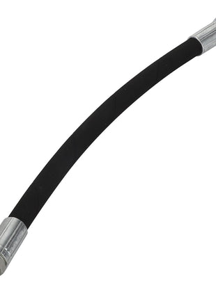 Product Description: The AGCO | Hydr. Hose - Acx2369700 by AGCO is a short, black flexible hose with metal connectors at both ends. One end features a male threaded connector, and the other end features a female threaded connector.