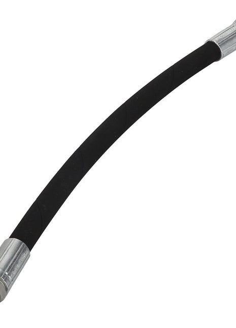 Product Description: The AGCO | Hydr. Hose - Acx2369700 by AGCO is a short, black flexible hose with metal connectors at both ends. One end features a male threaded connector, and the other end features a female threaded connector.