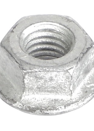 Introducing the AGCO Hex Flange Nut - Acw1023930: a polished silver, six-sided hex flange nut featuring precise internal threading and a sturdy flat base.