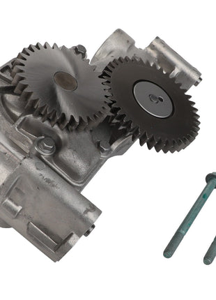 Close-up view of a metal mechanical gear assembly from AGCO, featuring two cogs and two accompanying bolts placed beside it. This product is the AGCO Oil Pump - Acp0508080.