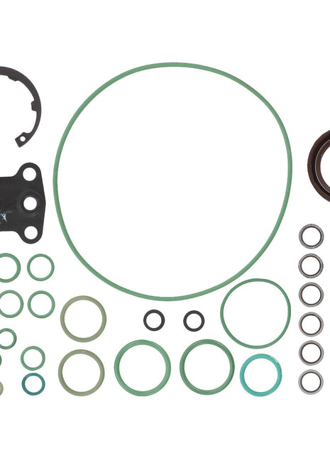 Here is the AGCO Seal Kit - F514940010010: a meticulously organized collection of variously sized green and black rubber gaskets, metal washers, and seals.