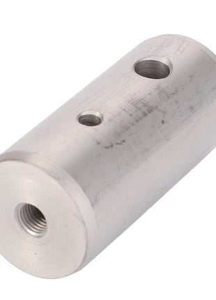 No current product description available for the AGCO Hinge Bolt - Fel150839, a cylindrical metal component featuring two holes and a threaded hole at one end.