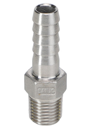 Introducing the AGCO HOSE BARB - AG053727. This metal hose barb fitting features a threaded end for easy connection, a ribbed section for secure hose attachment, and a hexagonal base for tightening. For any questions about this product, reach out to our support team.