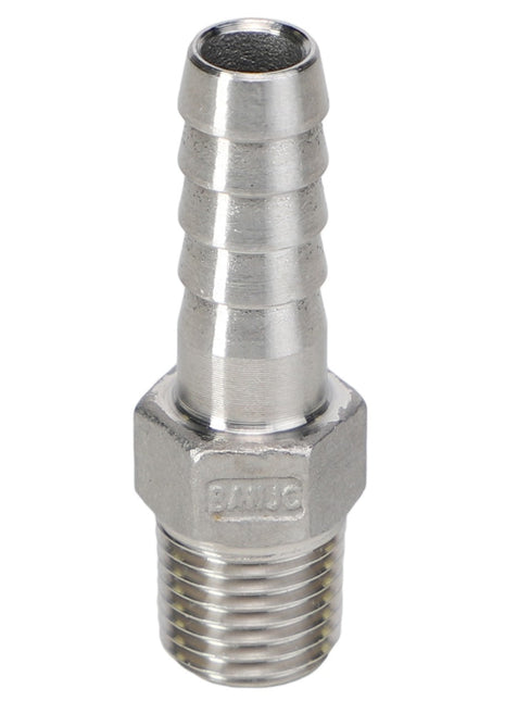 Introducing the AGCO HOSE BARB - AG053727. This metal hose barb fitting features a threaded end for easy connection, a ribbed section for secure hose attachment, and a hexagonal base for tightening. For any questions about this product, reach out to our support team.