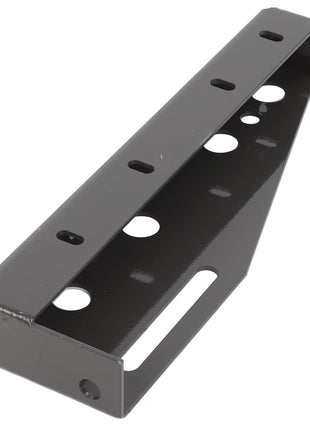 The AGCO | BRACKET - D28785572 is a black, metal, L-shaped bracket featuring multiple circular holes and a rectangular cutout. No additional product description information is currently available.