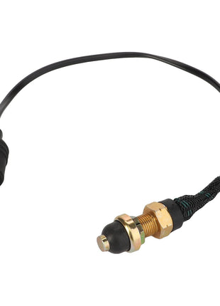 The AGCO Lift Switch - Acw0770860 features a black cable with a rectangular connector on one end and a brass-threaded sensor encased in rubber on the other end.