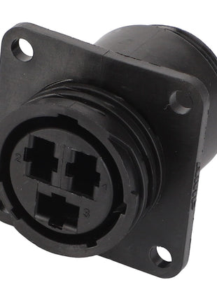 The AGCO | Connector - D45010011 is a black, rectangular industrial connector featuring three visible prongs and mounting holes at each corner, explicitly designed for robust applications.