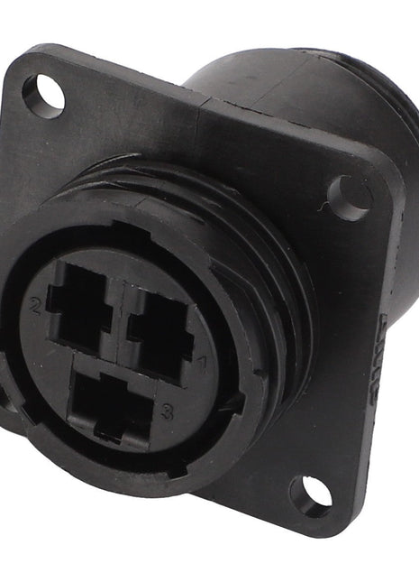 The AGCO | Connector - D45010011 is a black, rectangular industrial connector featuring three visible prongs and mounting holes at each corner, explicitly designed for robust applications.