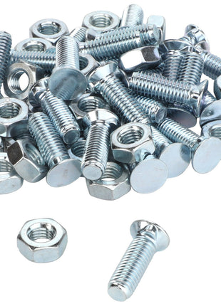 A collection of AGCO BOLT - KU901111 silver-colored metal bolts and nuts scattered on a white background, with one bolt and two nuts separated from the group. No current product description information is available.