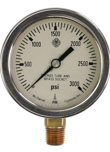 The AGCO | GAUGE - AG516846, a round analog pressure gauge under the AGCO brand, displays measurements in psi with a scale ranging from 0 to 3000 psi. The needle is currently pointed at approximately 1000 psi.