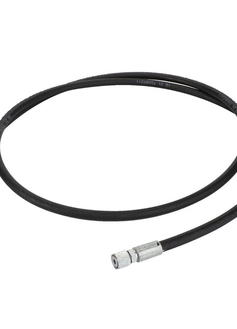 The AGCO hydraulic hose, model Acw2171020, is a black, flexible hose featuring metallic connectors on both ends and coiled in a circular shape. No current product description information is available beyond this.