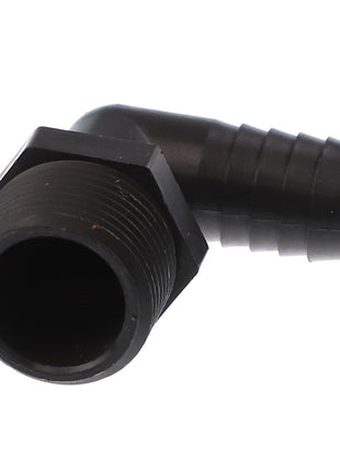 The AGCO FITTING - AG518413, a plastic hose barb elbow fitting with a threaded male end and barbed connector, is expertly designed for seamlessly joining hose sections at a precise 90-degree angle.