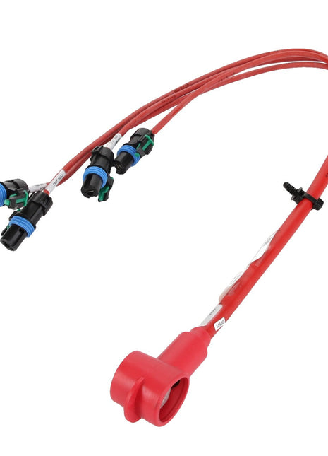 Product Description: The AGCO Cab Harness - Acw9097850 is a red electrical wiring harness with multiple connectors at one end and a large terminal at the other end.